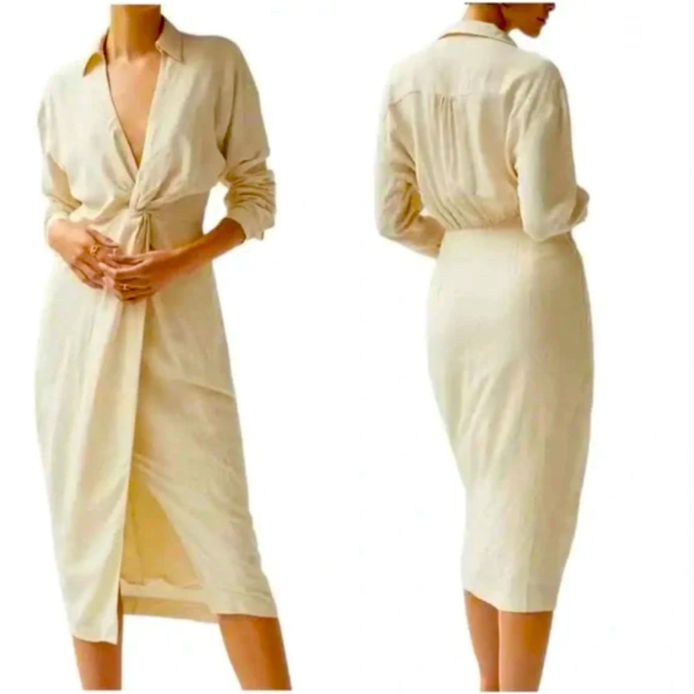 NWT Anthropologie Knot Front Midi Dress Linen Blend Natural Cream Size 8